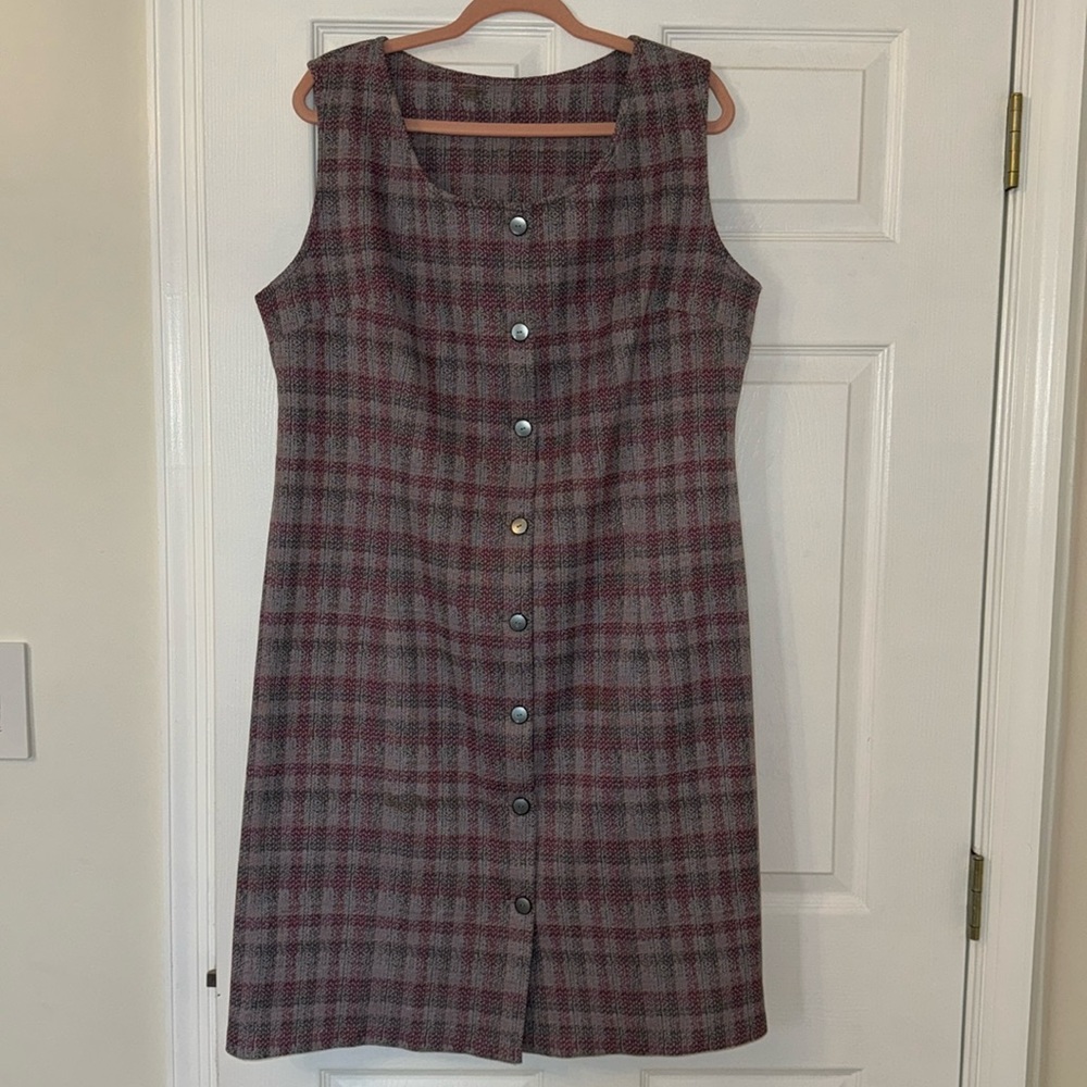 Sleeveless Midi Button-Front Plaid Dress in Burgundy and Gray